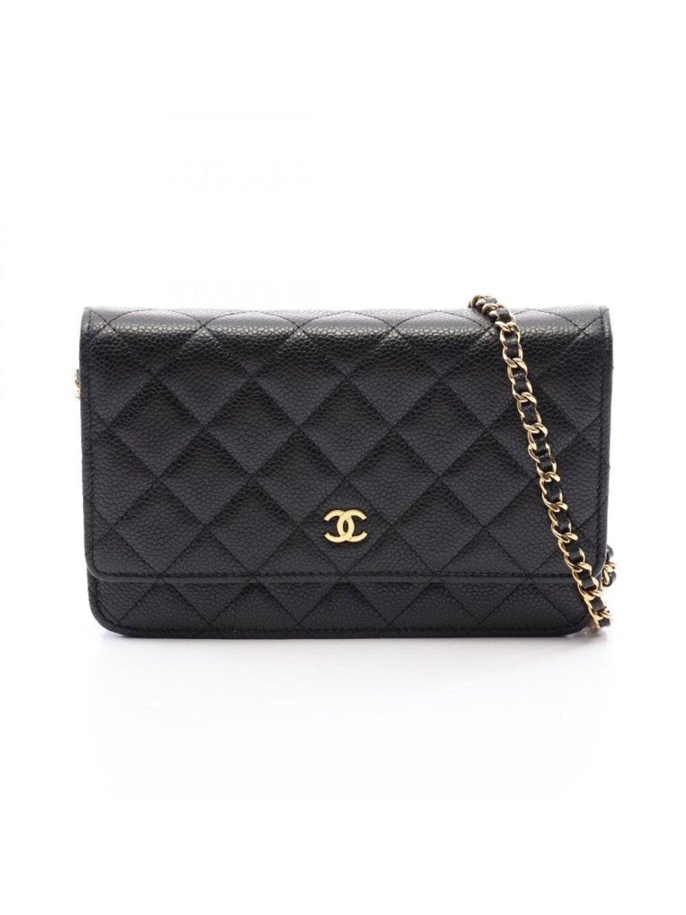 Chanel Shoulder Bag Quilted Black Caviar Leather Chain Wallet